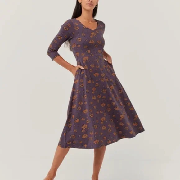 Pact Organic Brush Floral Currant Fit & Flare Midi Party Dress Size Small - Picture 1 of 15
